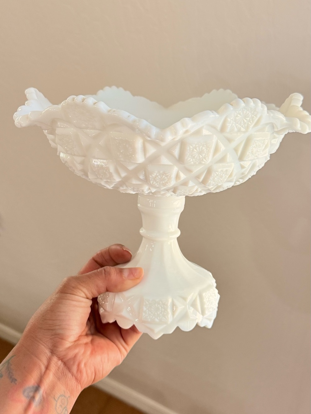 Vintage Westmoreland Milk Glass Diamond Pattern Pedestal Compote Bowl